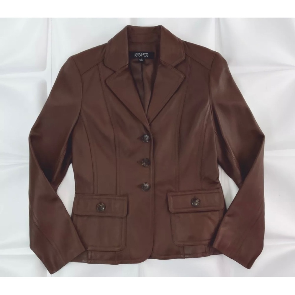 Kasper Womens Sz S Brown Soft Leather Blazer Jacket Pockets